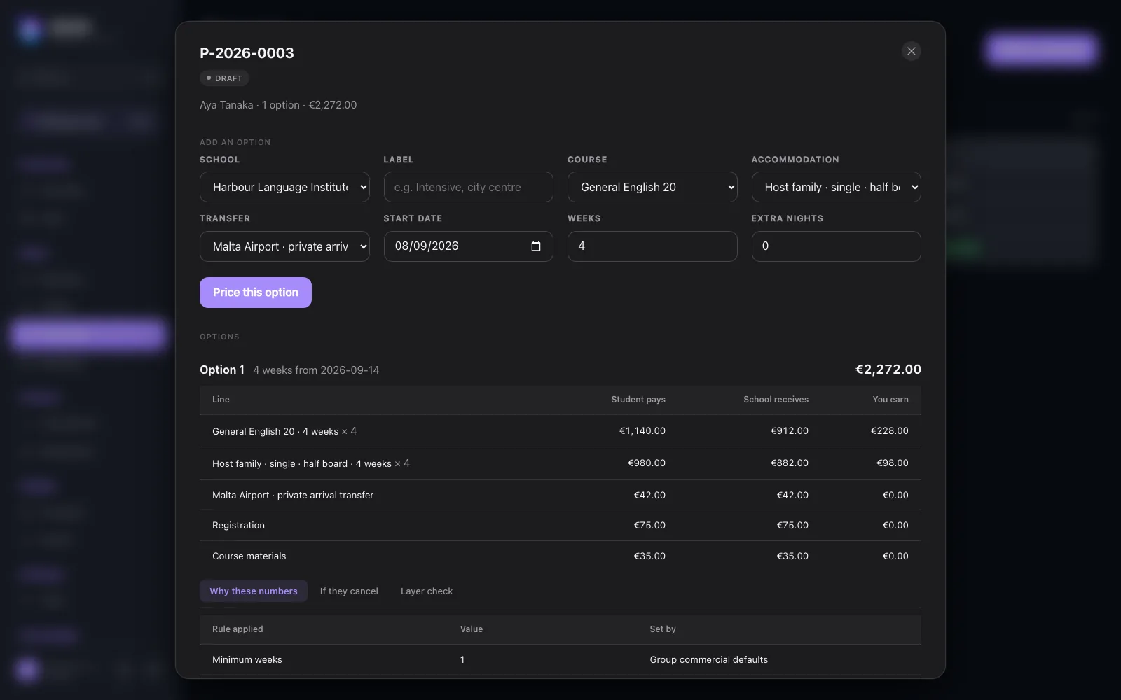 A proposal in Dean Agent. Each line shows what the student pays, what the school receives and what the agency earns, with the pricing rules traced below.