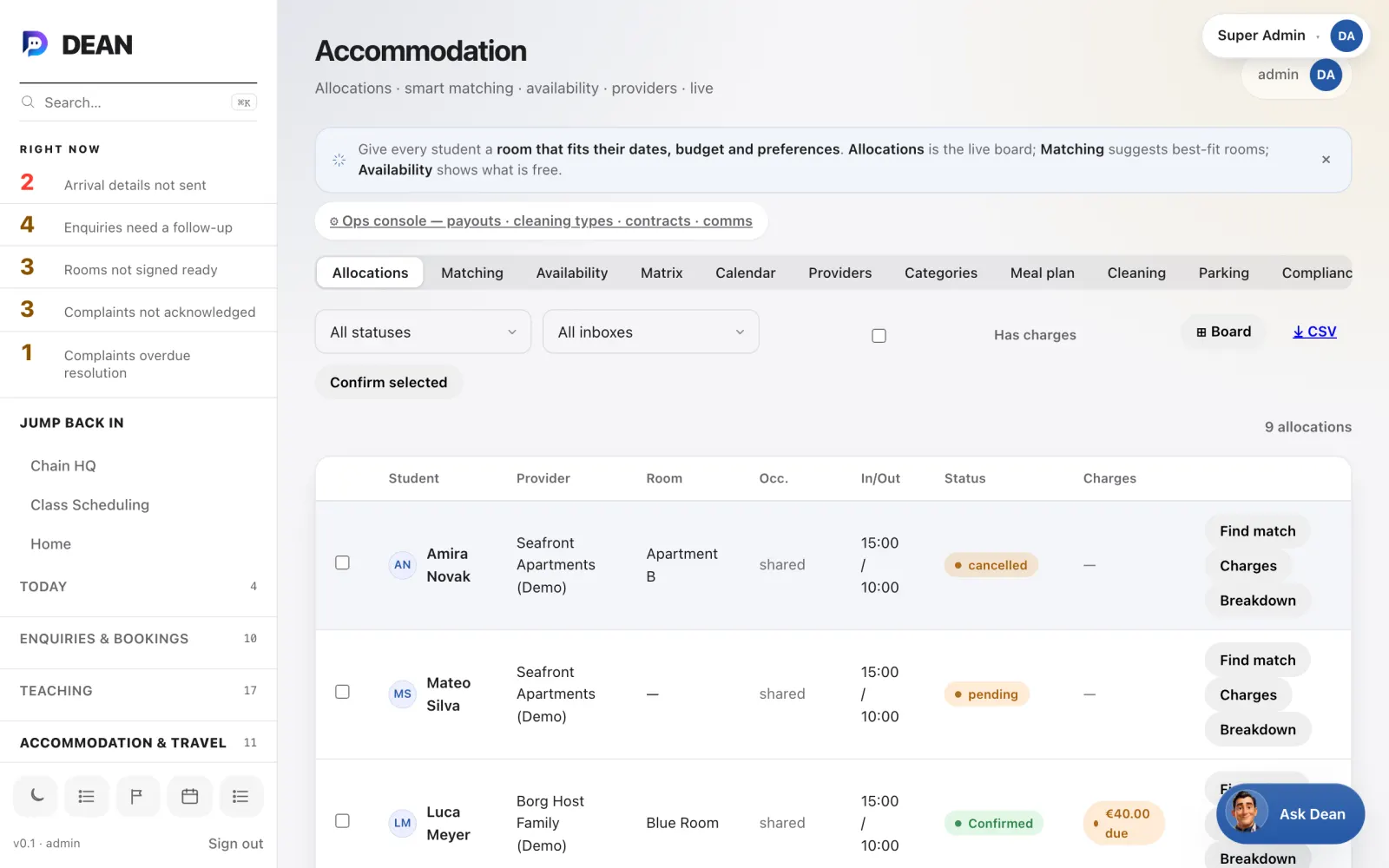 Accommodation board. Student room allocations with providers, occupancy, dates, statuses and charges.