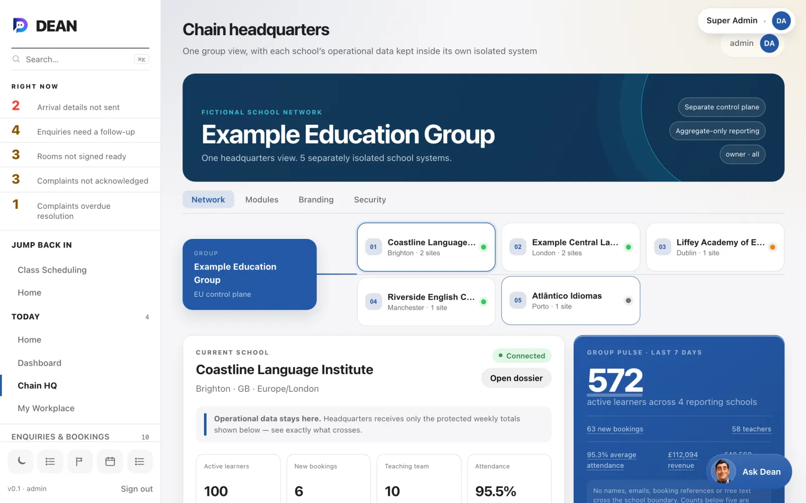 Chain headquarters. A group of five schools on one screen, each school's operational data kept in its own isolated system.