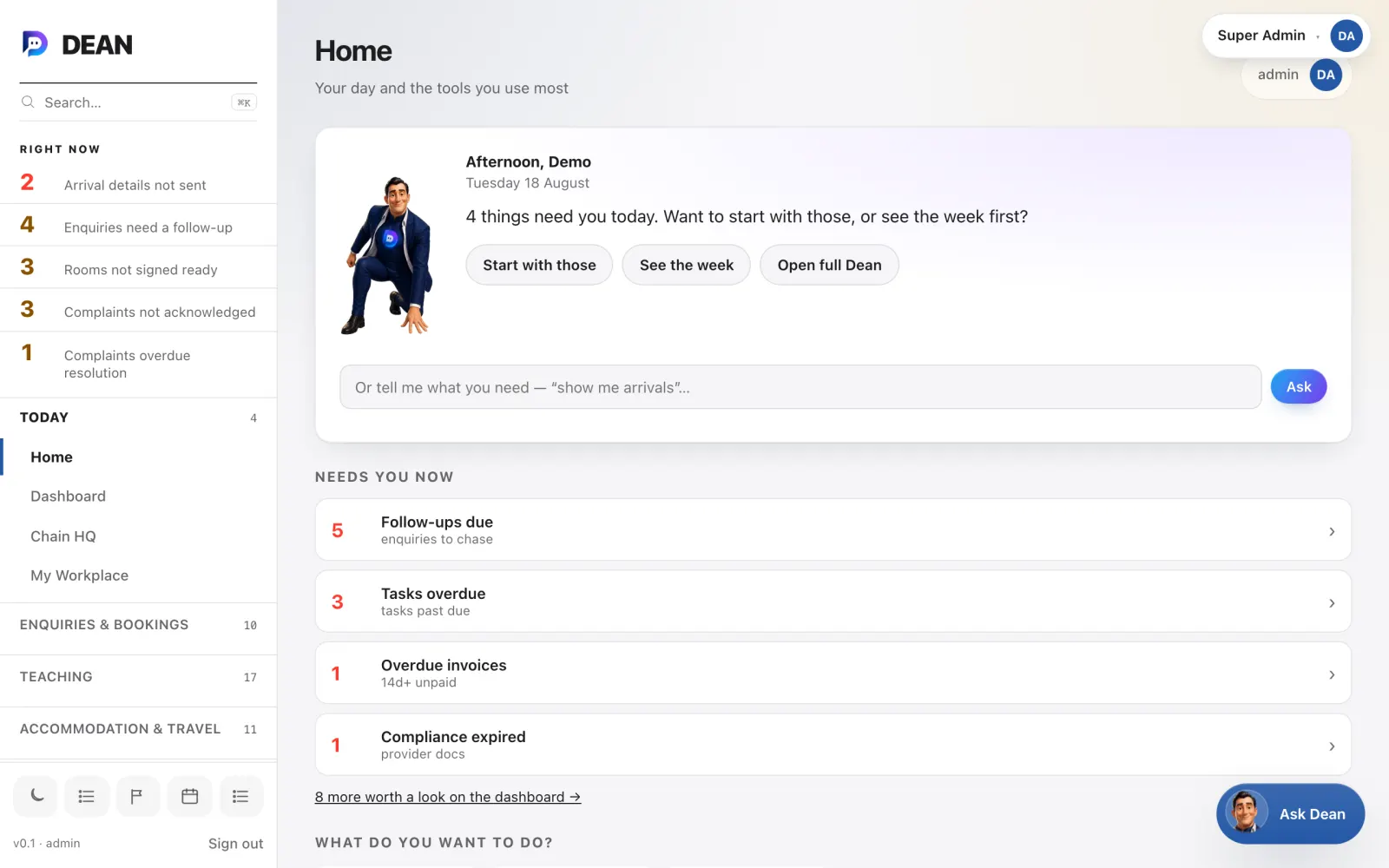 Dean School's Home screen. Dean greets the administrator, says four things need attention today, and offers to start with those or show the week.