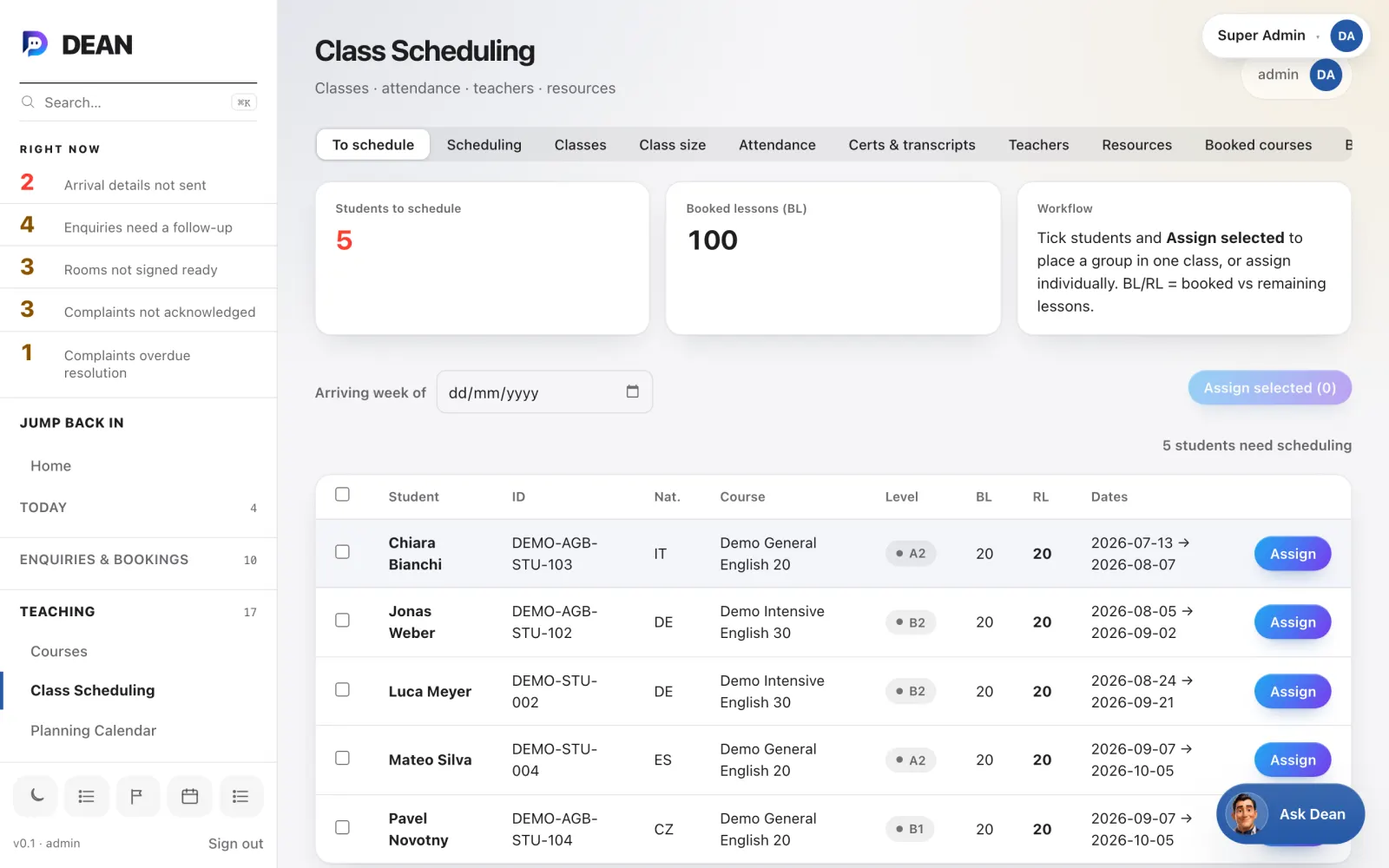 Class scheduling. Five students waiting to be placed into classes, each with level, booked lessons and dates, and an Assign button.