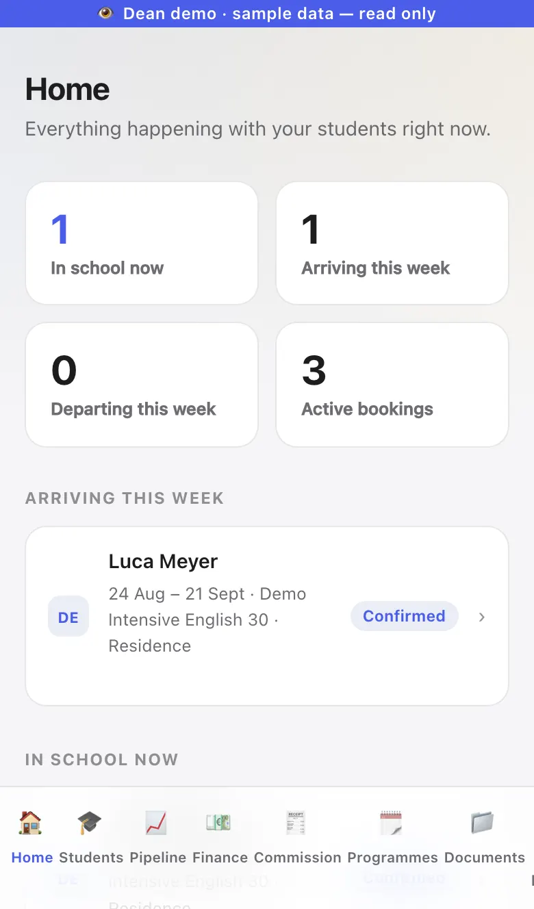 The agency workspace on a phone. An agent sees students in school, arrivals this week and active bookings.