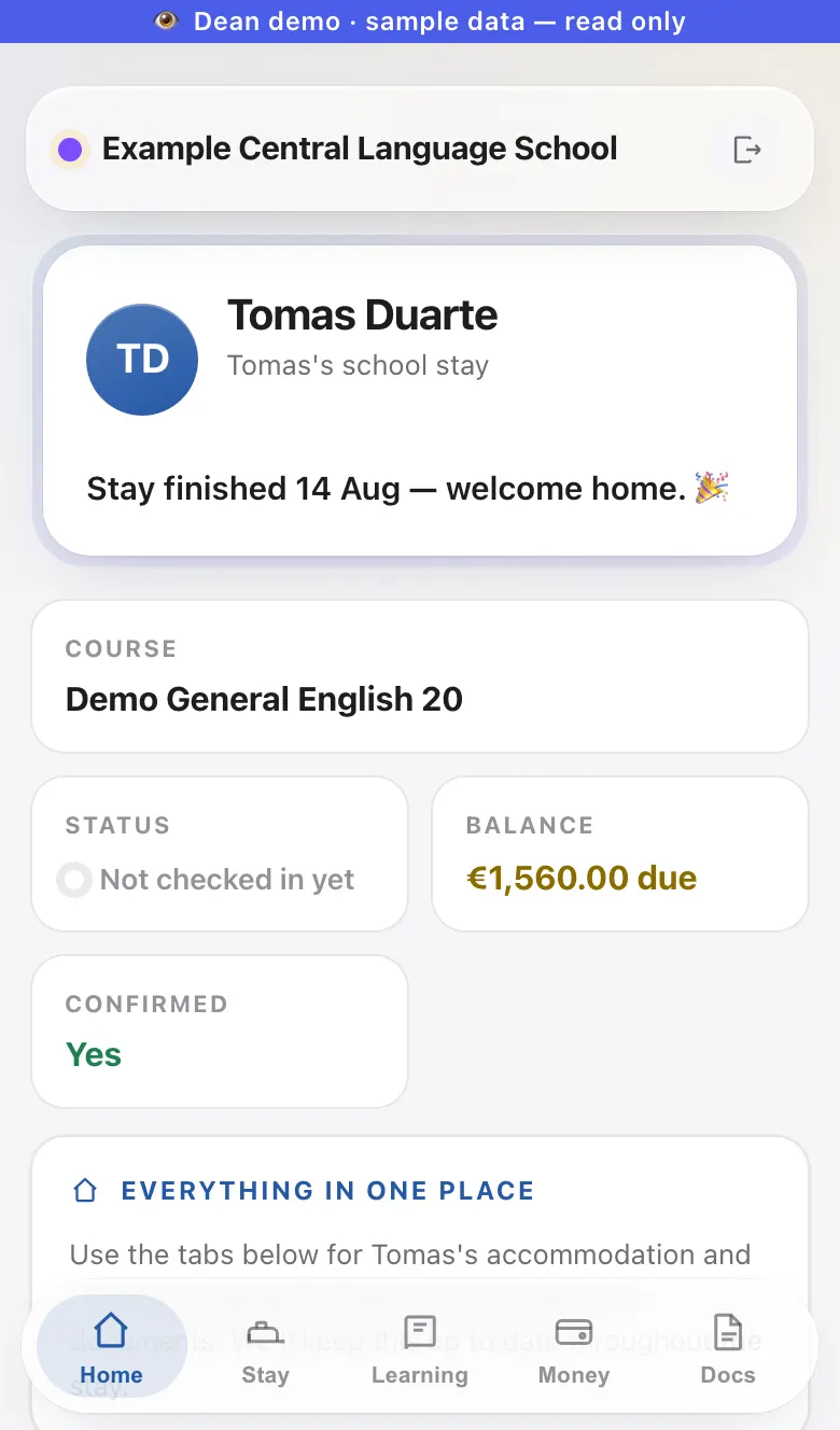 The parent portal on a phone. A parent follows their child's stay: course, status, balance and documents.