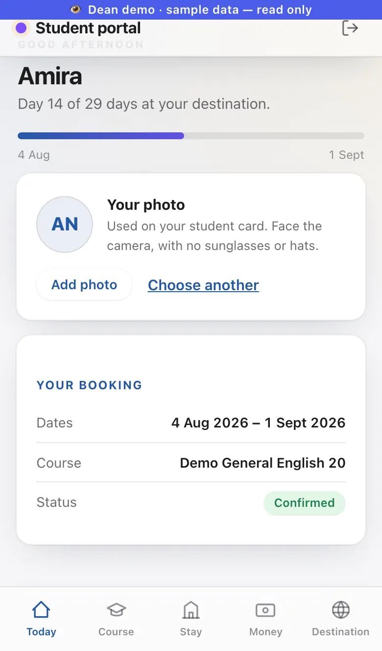 The student portal on a phone. A student sees day 14 of 29 of their stay, their course and their confirmed booking.